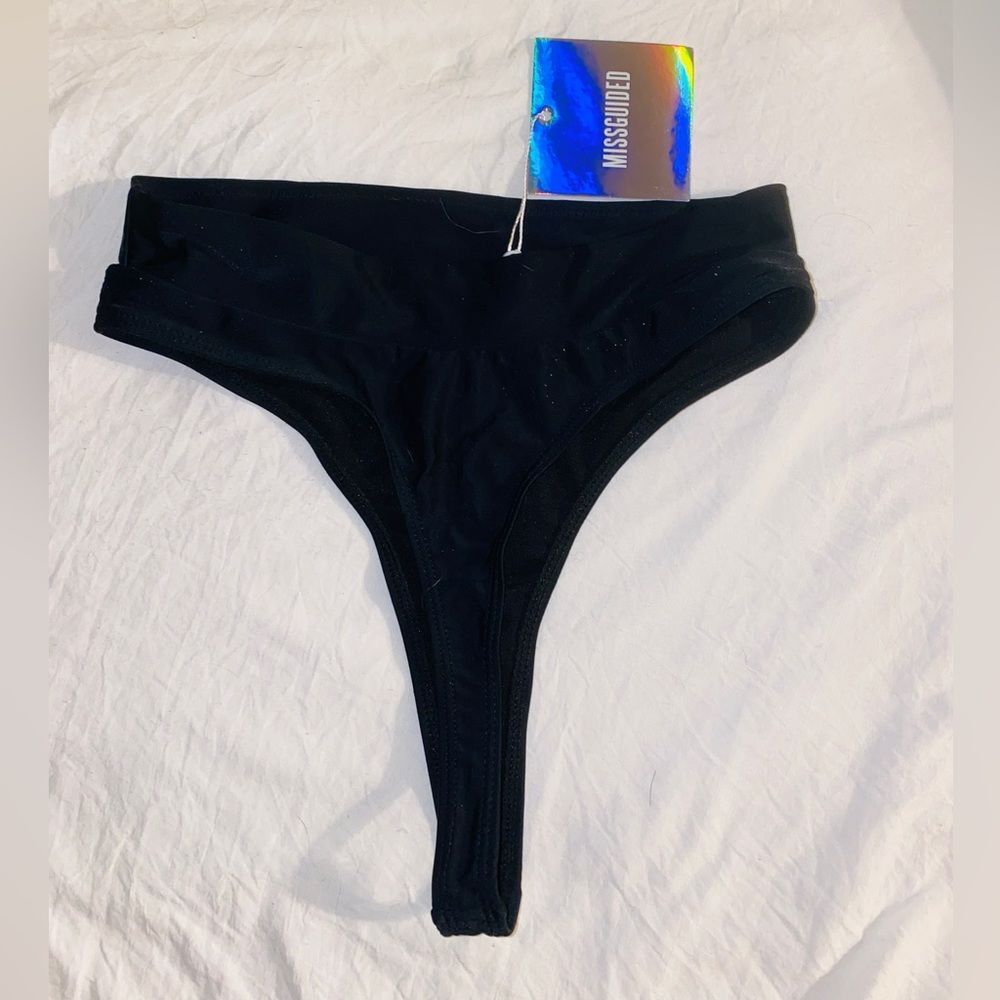 Missguided Black Ribbed High Cut Leg And Rise Bikini Bottom Swimsuit Sz 4